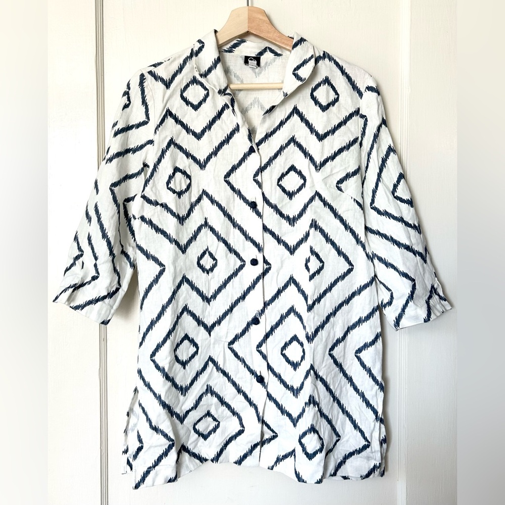Connie‎ Roberson 100% Linen Printed Button Front Tunic Blouse White Blue S